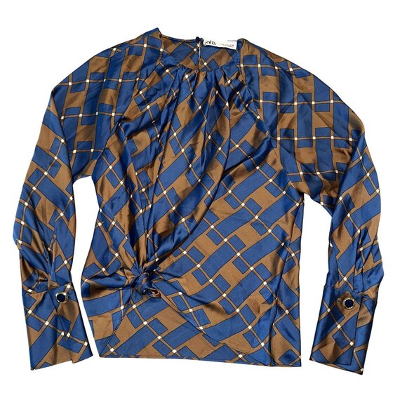 Zara Blue Brown Printed Long Sleeve Keyhole Back Blouse Women's Small S - Picture 1 of 8